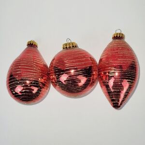 G & D Christmas Ornament~Red~Gold Glitter~Ball~Teardrop~Pear Shape~Set of 3